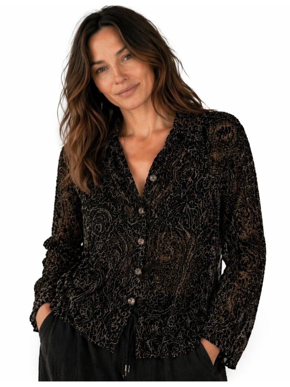 Citron Santa Monica Women Black Sheer Burn out Embroidered blouse top size Small